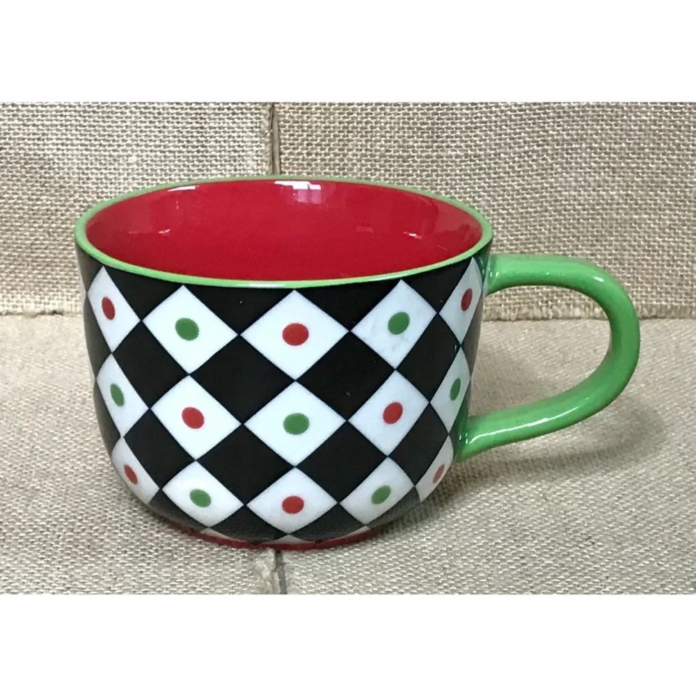 Pier 1 Harlequin Argyle Coffee Mug Cup Diamond Pattern Whimsical Retro Playful